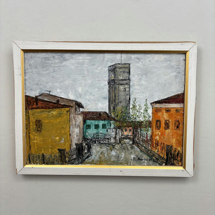 Handcrafted Cityscape Oil Painting "Tall Tower" Rustic Artwork Holland Art Shop