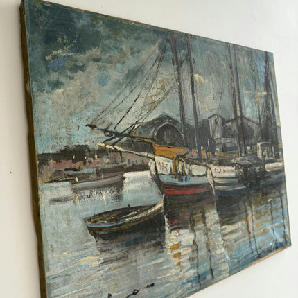 Original Harbor Scene Oil Painting "Docked Boat" Handcrafted Artwork Holland Art Shop