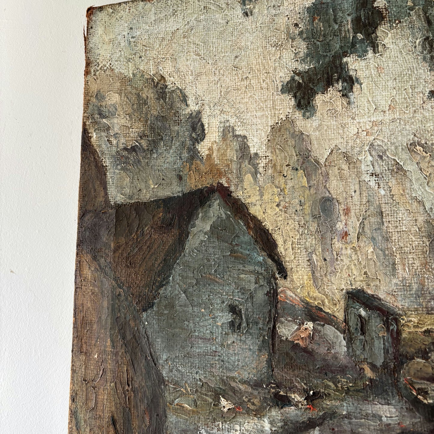 19th Century Landscape Oil Painting "River Cottage" Medium Art