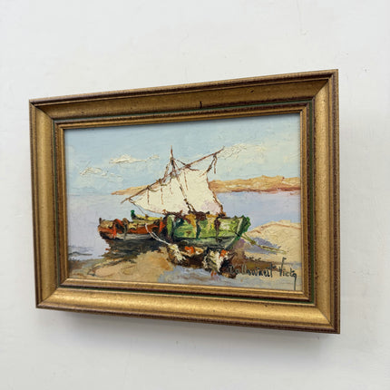 Rustic Seascape Oil Painting "Small Boat" Handcrafted Small Art Holland Art Shop