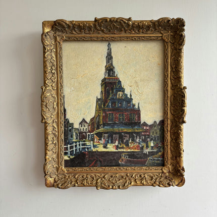 Handcrafted Harbor Scene Oil Painting "City Church" Elegant Small Artwork Holland Art Shop