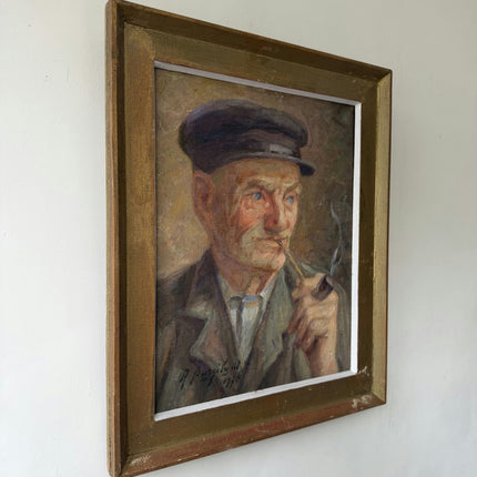 Elegant Portrait Oil Painting "Man Smoking" Vintage Small Art Holland Art Shop