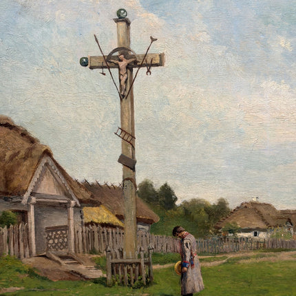 1894 Antique Landscape Oil Painting "Village Cross" Large Art Holland Art Shop