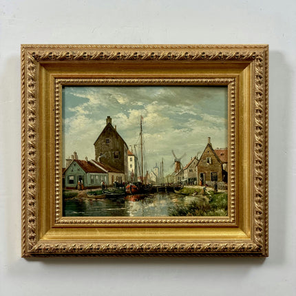 Original Harbor Scene Oil Painting "Harbor Village" Refined Small Art Holland Art Shop
