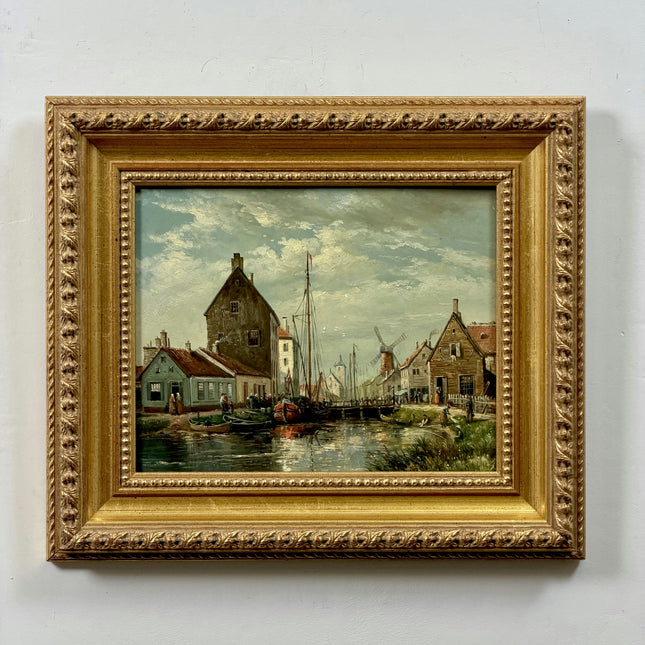 Original Harbor Scene Oil Painting "Harbor Village" Refined Small Art Holland Art Shop