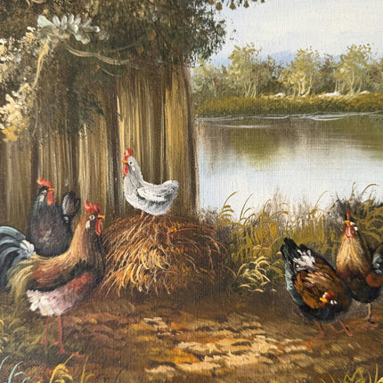Detailed Farm Oil Painting "Rooster Group" Original Small Artwork Holland Art Shop