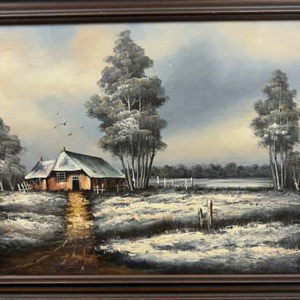 Rustic Winter Landscape Oil Painting "Riverside Cottage" Refined Large Art Holland Art Shop