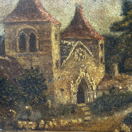 19th Century Antique Landscape Oil Painting "Stone Church" Small Art Holland Art Shop