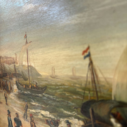 19th Century Antique Harbor Scene Oil Painting "Gilded Frame" Artwork Holland Art Shop