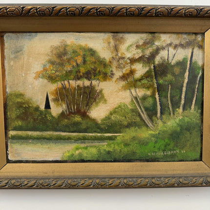 19th Century Antique Landscape Oil Painting "Framed Tree" Small Artwork Holland Art Shop