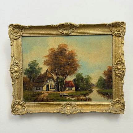 Classic Farm Oil Painting "Thatched Cottage" Vintage Art Holland Art Shop