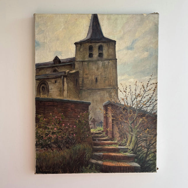 Rustic Cityscape Oil Painting "Church Tower" Traditional Belgique Artwork Holland Art Shop