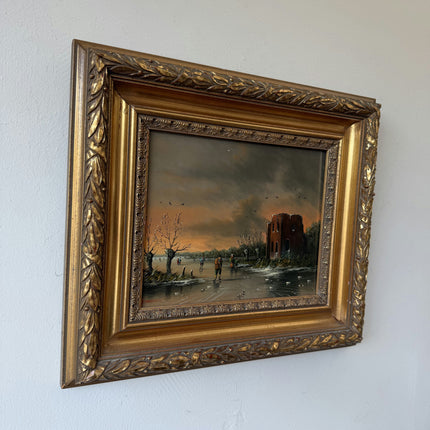 Vintage Oil Painting Winter Landscape "Ice Fishing Scene" Handcrafted Small Art Holland Art Shop