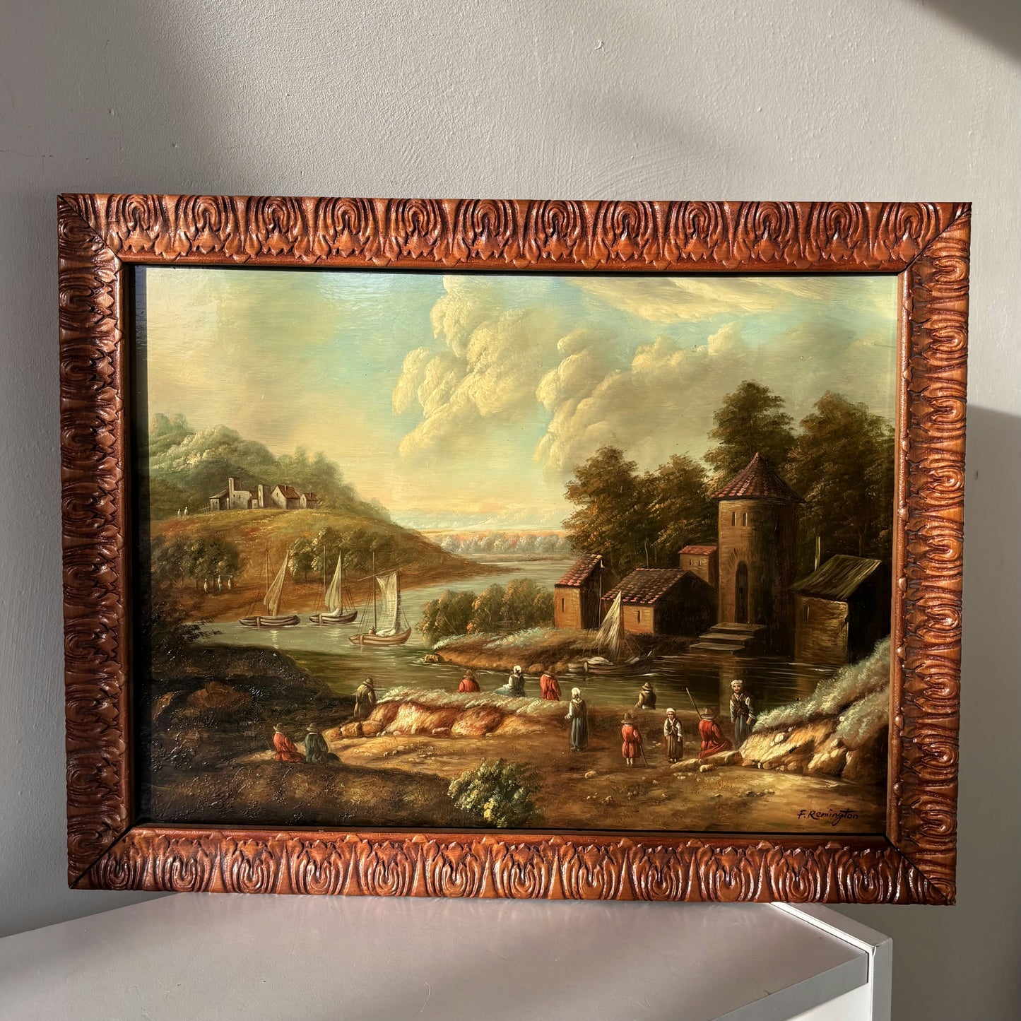 Marvelous Oil Painting Cityscape "Fishing Village" Fine French Art