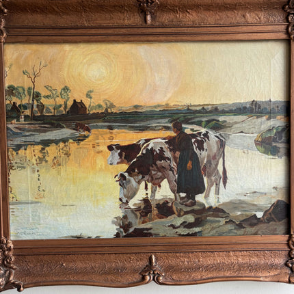 Rustic Landscape Oil Painting "Grazing Cows" Handcrafted Art Holland Art Shop