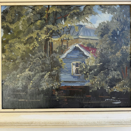 Refined Landscape Oil Painting "Blue Cabin" Vintage Art Holland Art Shop