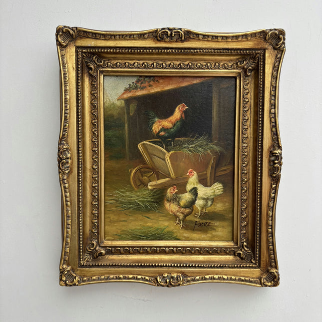 Handcrafted Animals Oil Painting "Rooster Perch" Vintage Small Artwork Holland Art Shop