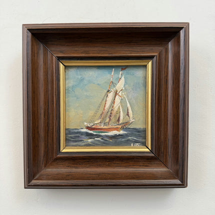 Vintage Seascape Oil Painting "Sailing Ship" Rustic Small Artwork Holland Art Shop