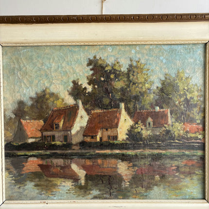 Rustic Landscape Oil Painting "River Houses" Handcrafted Art Holland Art Shop