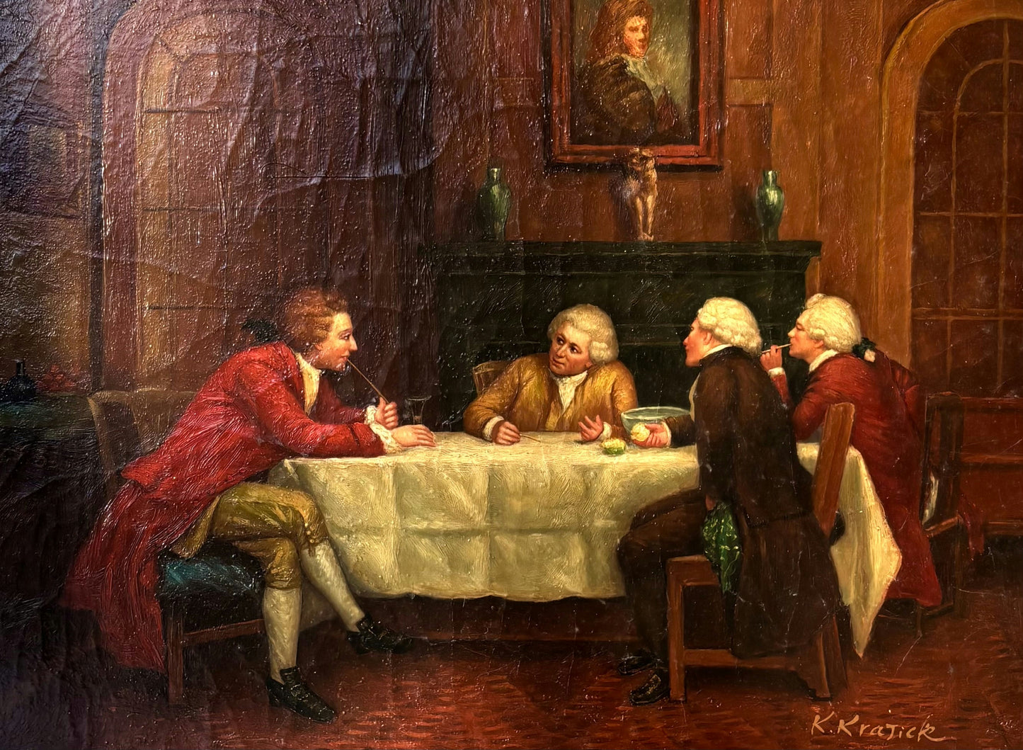 Marvelous Oil Painting Figurative "Dining Conversation" Men French Art