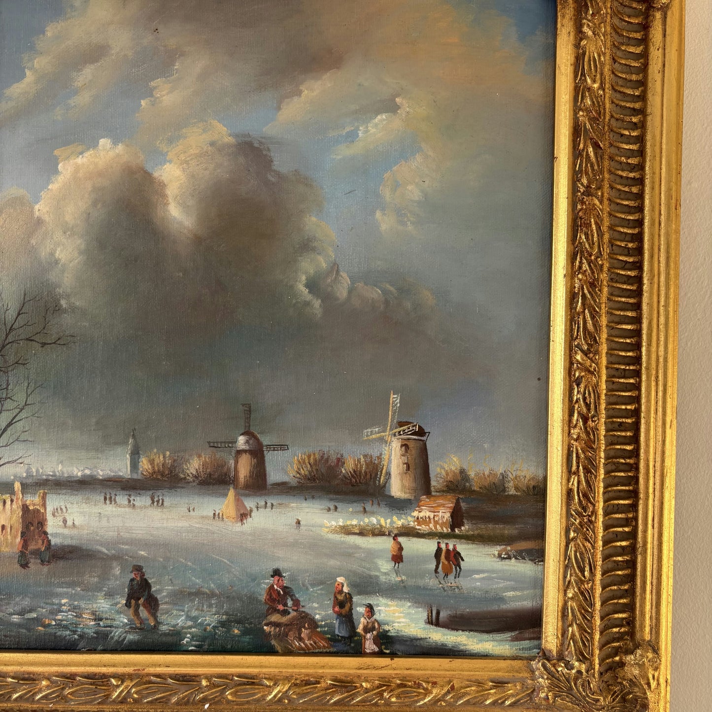 19th Century Winter Landscape Oil Painting "Frozen River" Medium Artwork