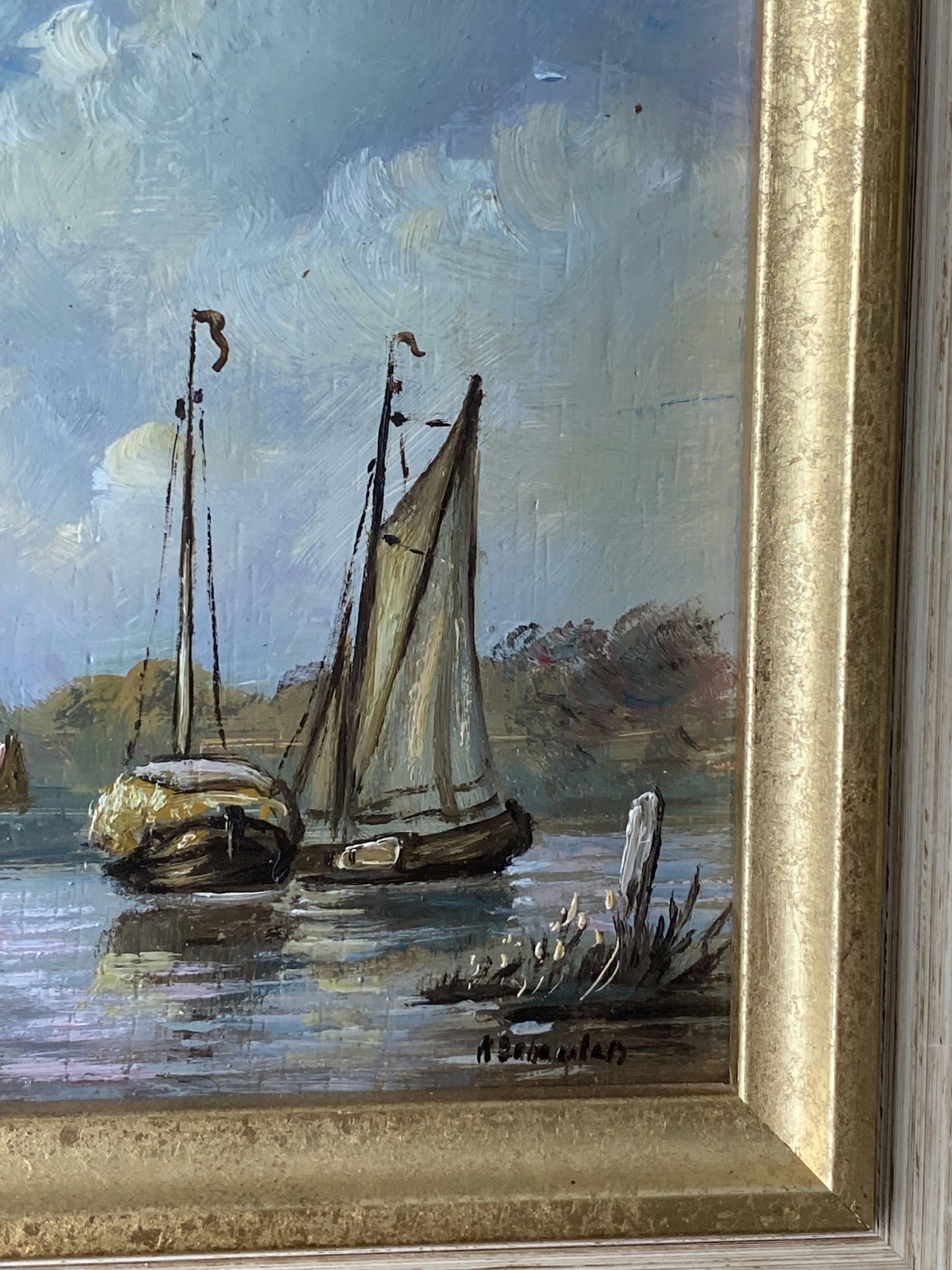 20th Century Vintage Dutch Village Riverside Boats Church Sky Oil Painting