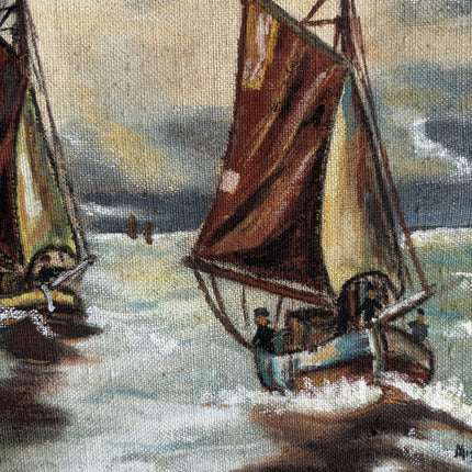 Expressive Seascape Oil Painting "Sailing Boats" Rustic Small Artwork Holland Art Shop