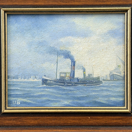 Detailed Seascape Oil Painting "Smoking Tugboat" Original Small Art Holland Art Shop