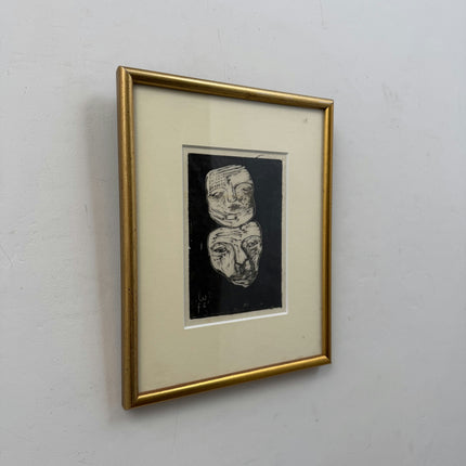 1927 Figurative Etching "Framed Masks" Small Artwork Holland Art Shop