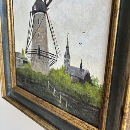 Traditional Landscape Oil Painting "Windmill Tower" Rustic Small Artwork Holland Art Shop