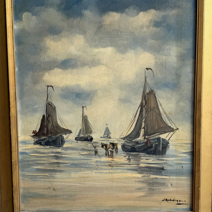 Authentic Seascape Oil Painting "Fishing Boats" Original Artwork Holland Art Shop