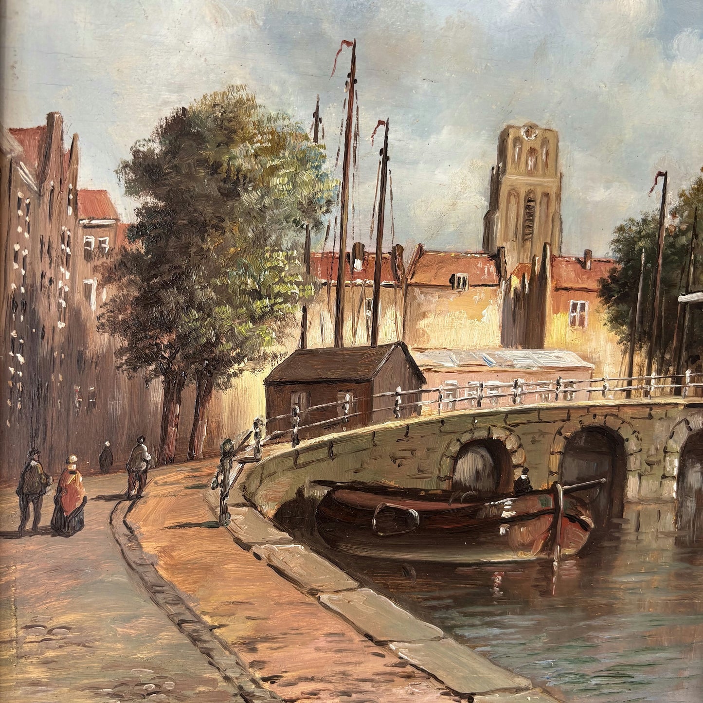 Expressive Oil Painting Cityscape "Stone Bridge" Vintage Medium Art