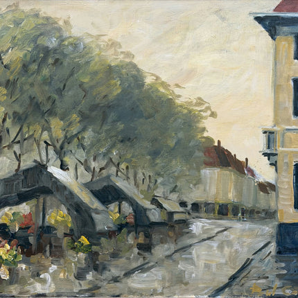 Expressive Dutch Cityscape Oil Painting "Flower Market" Vintage Large Art Holland Art Shop