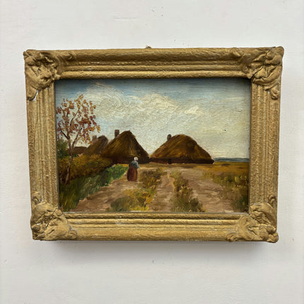 Vintage Landscape Oil Painting "Thatched Cottages" Elegant Small Artwork Holland Art Shop