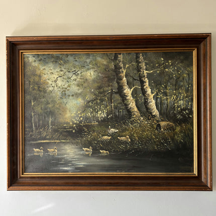 Rustic Landscape Oil Painting "Birch Trunk" Vintage Large Art Holland Art Shop