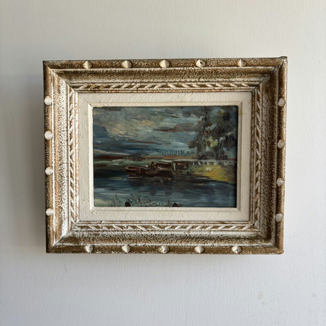 Authentic Harbor Scene Oil Painting "Painted Frame" Vintage Small Artwork Holland Art Shop