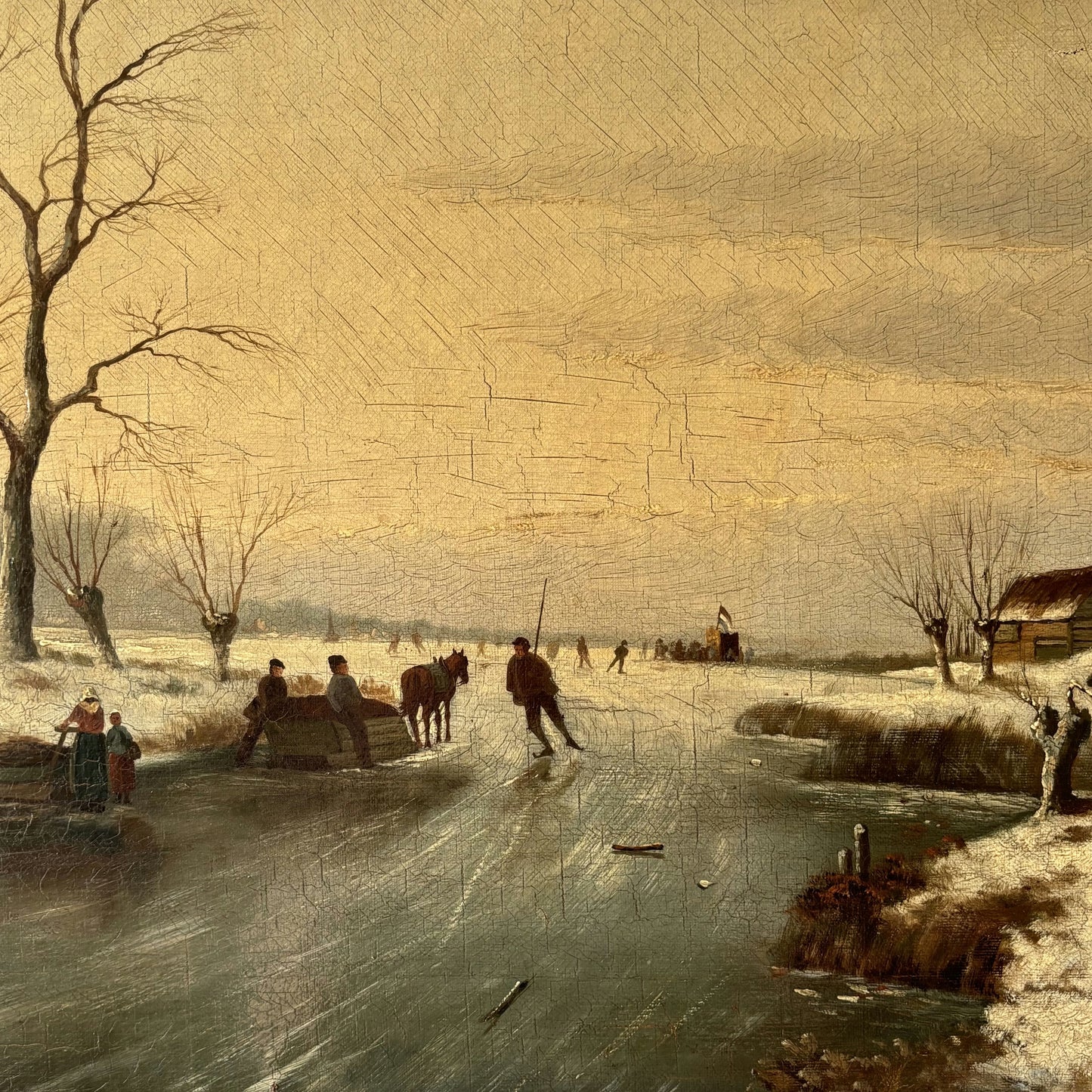 Fine Winter Landscape Oil Painting "Frozen River Scene" Remarkable Medium Art