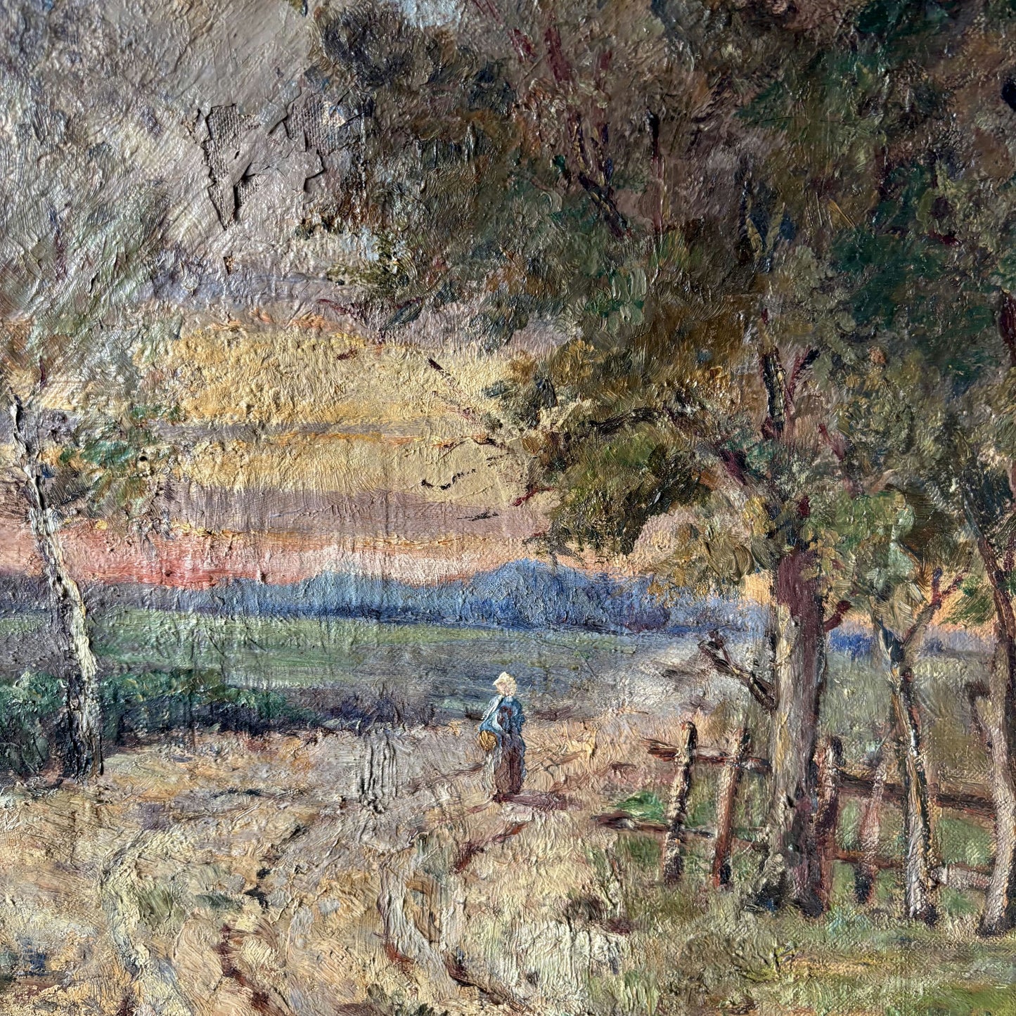 Striking Landscape Oil Painting "Woman With Basket" Classic Medium Art