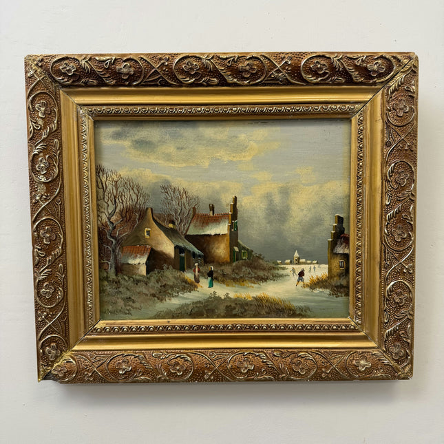 Elegant Winter Landscape Oil Painting "Village Houses" Classic Small Art Holland Art Shop