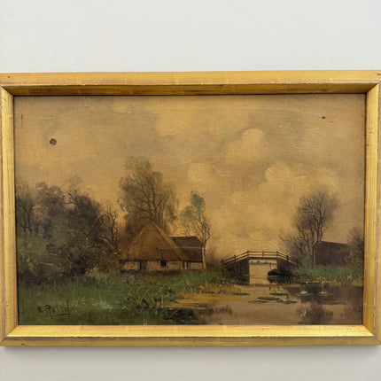 19th Century Antique Landscape Oil Painting "Thatched Cottage" Artwork Holland Art Shop