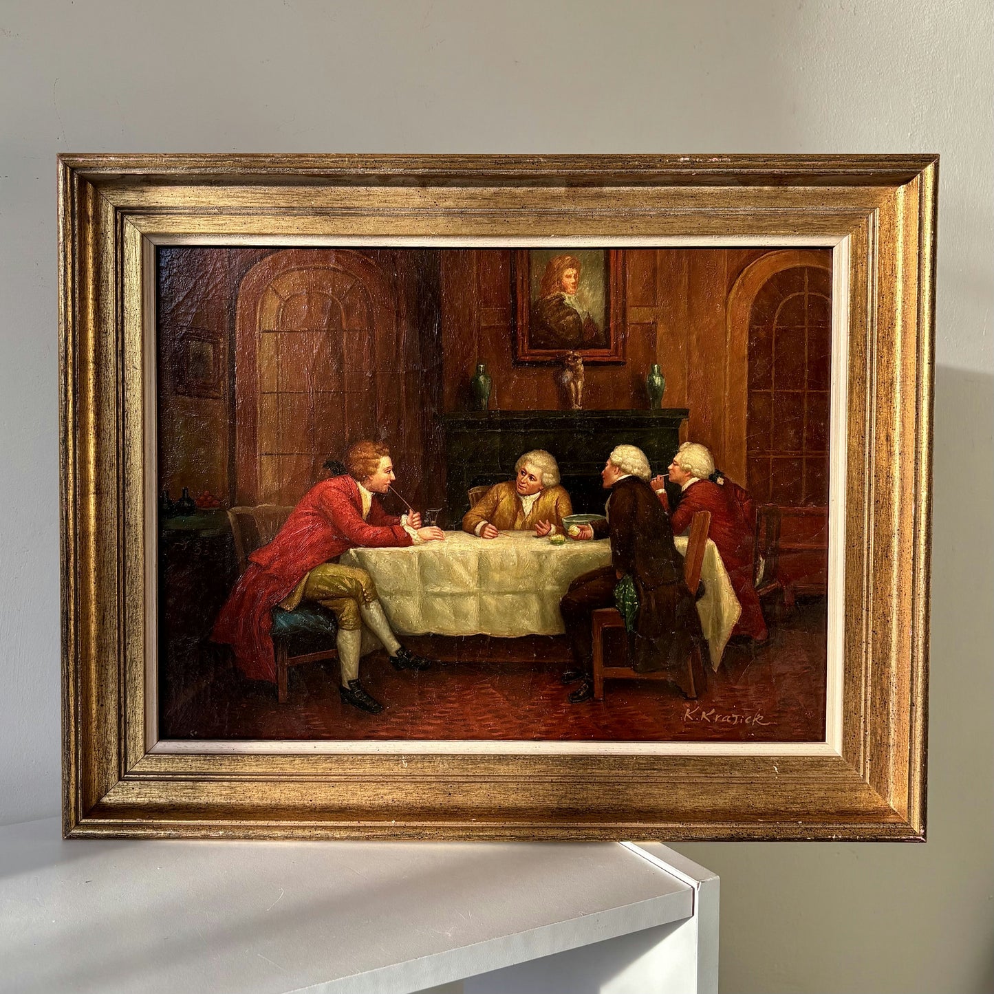 Marvelous Oil Painting Figurative "Dining Conversation" Men French Art