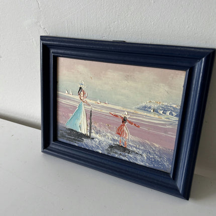 Expressive Seascape Oil Painting "Woman Walking" Vintage Small Art Holland Art Shop