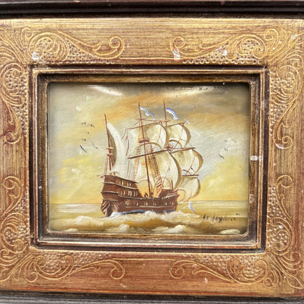 Vintage Seascape Oil Painting "Sailing Ship" Rustic Small Artwork Holland Art Shop