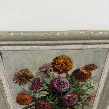 Elegant Floral Still Life Oil Painting "Zinnia Bouquet" Vintage Large Artwork Holland Art Shop