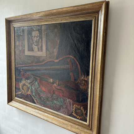 1927 Flowery Still Life Oil Painting "Violin Still" Den Haag Artwork Holland Art Shop