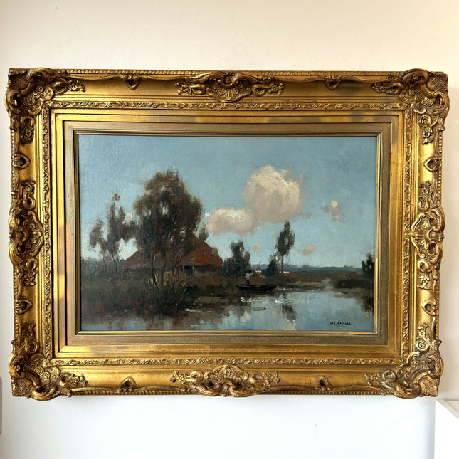 Vintage Oil Painting Landscape "River Fisherman" Original Haagse School Art Holland Art Shop