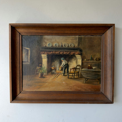 19th Century Oil Painting Interior "Fireside Worker" Medium Art Holland Art Shop