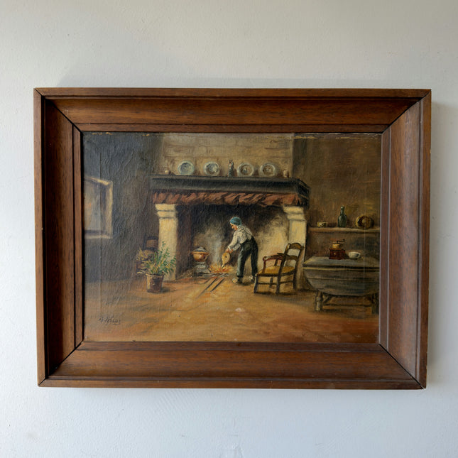 19th Century Oil Painting Interior "Fireside Worker" Medium Art Holland Art Shop