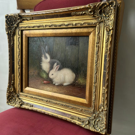 Refined Animals Oil Painting "White Rabbit" Vintage Small Artwork Holland Art Shop