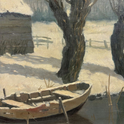 Refined Winter Landscape Oil Painting "Snowy Boat" Vintage Dutch Art Holland Art Shop